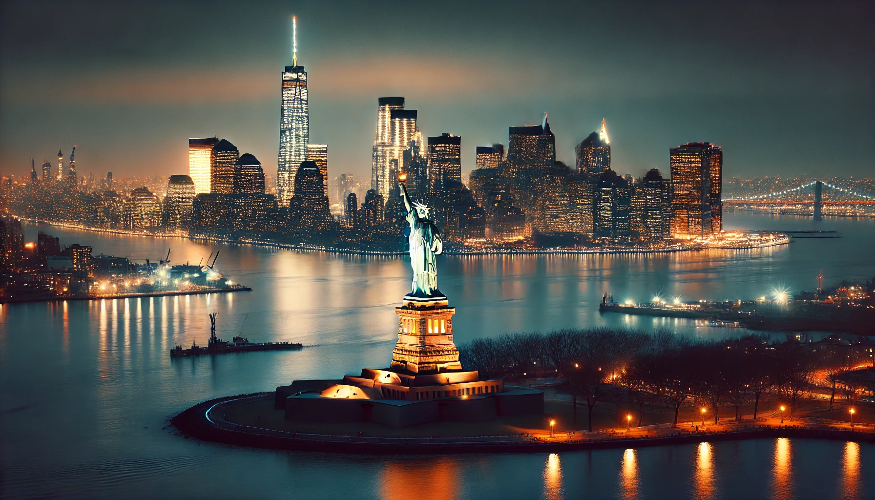 Uma vista noturna da Estátua da Liberdade iluminada, com a cidade de Nova York ao fundo.