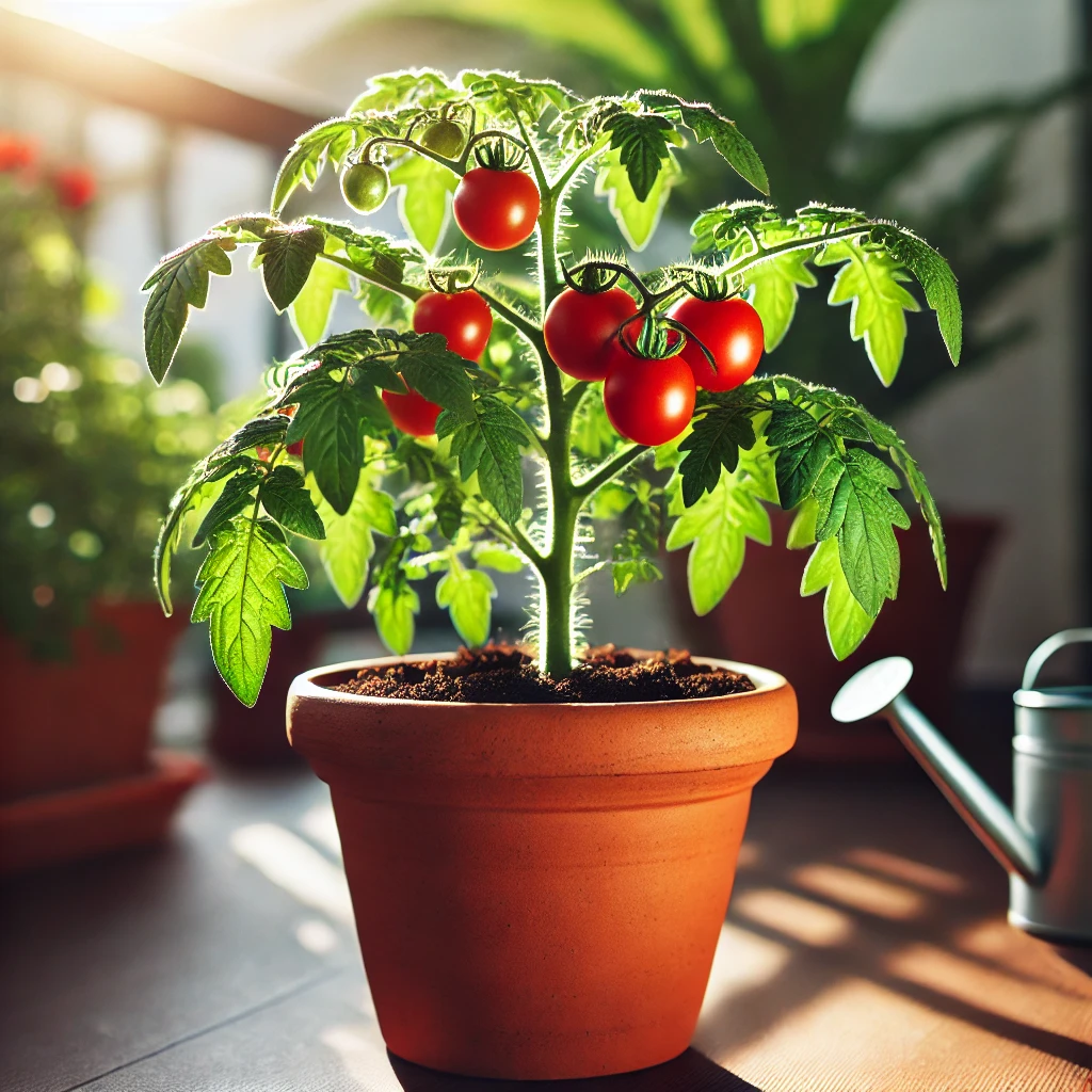 Tomates cereja em vasos pequenos